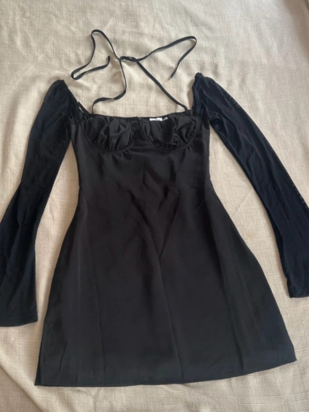 Princess Polly Black Dyer Sheer Long-Sleeve Halter Tie Mini Dress